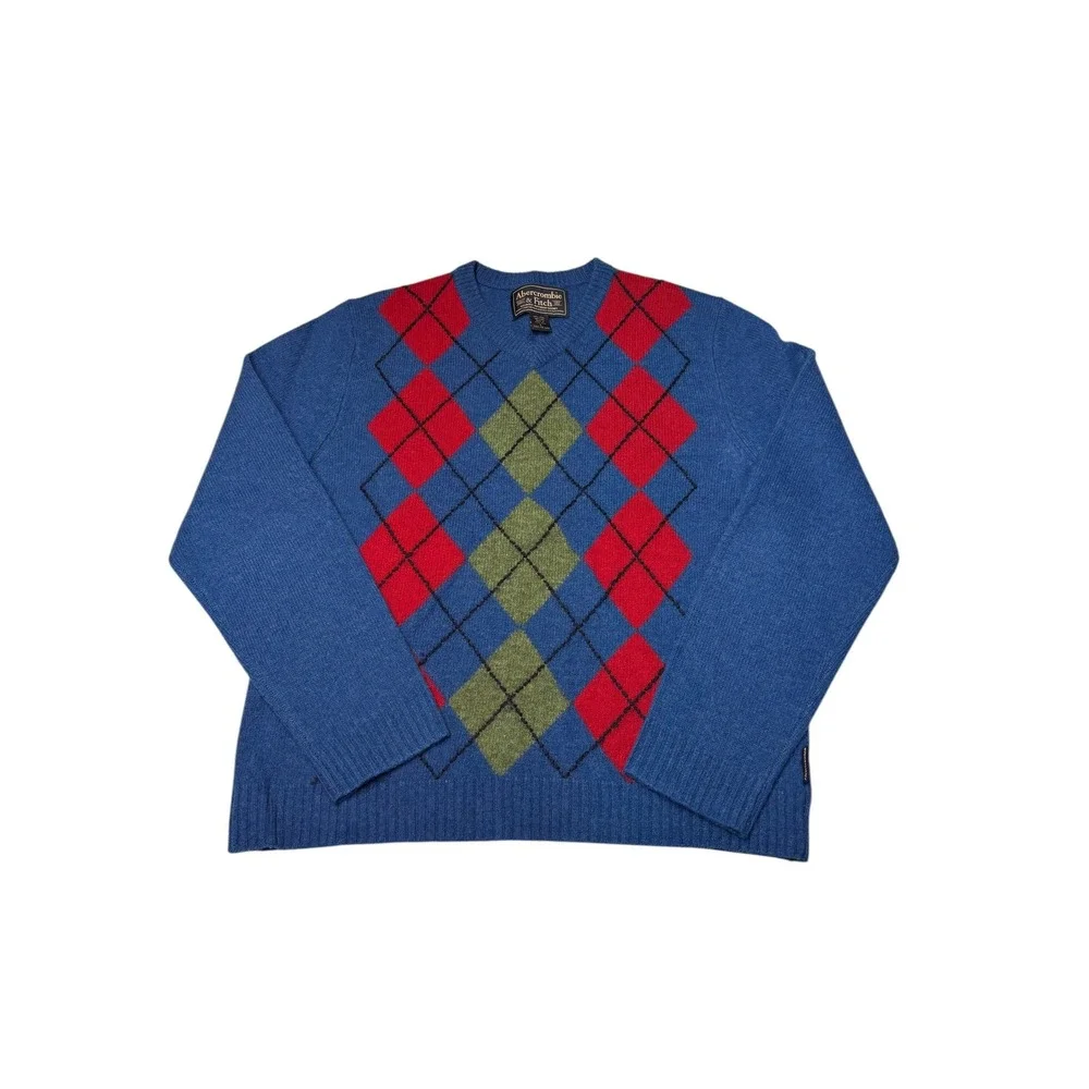 Vintage Abercrombie & Fitch Vintage Blue Argyle 100% Shetland Wool Sweater Men L
